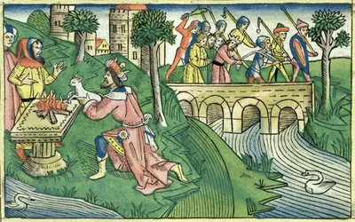 2 Reis 16 9-16 O povo de Damasco é levado cativo, da Bíblia de Nuremberg (Biblia Sacra Germanaica) (xilogravura colorida)