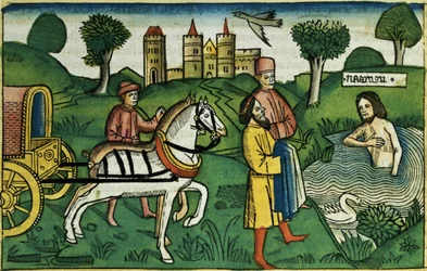 2 Reis 5 14 A purificação de Naamã, da Bíblia de Nuremberg (Biblia Sacra Germanaica) (xilogravura colorida)