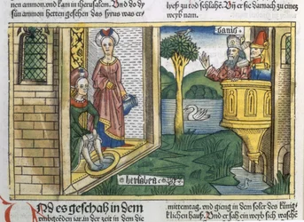 2 Samuel 11 1-5 David vê Bathsheba tomando banho, da Bíblia de Nuremberg (Biblia Sacra Germanaica) (xilogravura colorida)