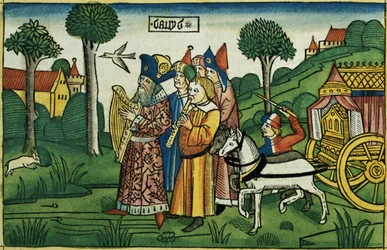 2 Samuel 6 1-5 David traz a Arca para Jerusalém, da Bíblia de Nuremberg (Biblia Sacra Germanaica) (xilogravura colorida)