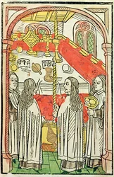 Uma missa ortodoxa grega no Concílio de Constança em 1415, ilustração da Crônica do Conselho de Constança por Ulrich Richental (1378-1437) 1483 (xilogravura colorida)