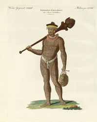 Um Nukahiwans com morcego e calabashes (gravura colorida)