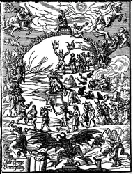 Uma cerimônia de sábado, um bode representando o diabo está no centro, cercado por bruxas e demônios. Gravura alemã do século XVI