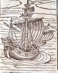 Um barco. Xilografia da Cosmografia Universal de Sebastien Munster. Basiléia