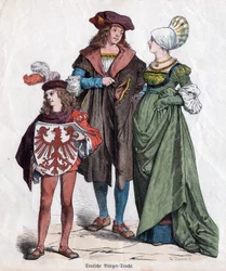 Uma família burguesa. Fantasias alemãs do século XVI do "Munchener Bilderbogen", Alemanha, c.1880 (gravura)