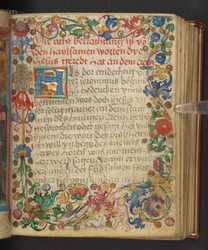 Uma orla completa habitada por animais e um putto, Add. MS 24153, f.54r (tinta e cor sobre pergaminho)