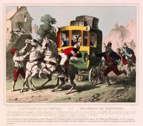 Um casal em lua-de-mel é atacado por salteadores de estrada na Itália, um panfleto panorâmico publicado por Gangel & P. Didion, Metz, c.1850