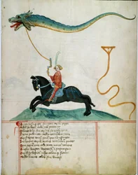 Um cavaleiro segurando uma página de manuscrito de um veado dragão voador da escola alemã do século XV. 1405 Gottingen, biblioteca da Universidade