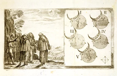 Um ataque militar tramado de acordo com as fases de um eclipse, ilustração de um livro sobre as campanhas otomanas na Europa, gravado por Paul Furst (c.1605-66)