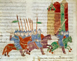 Um cavaleiro miniatura do manuscrito "De Universo" (ou De rerum naturis (De la Nature des choses)) (cod. 132) por Rabanus Maurus Magnentius (ou Raban Maur ou Rabano Mauro) (ca. 780-856). Século IX. Arquivo da Abadia de Monte Cassino (Monte Cassin)