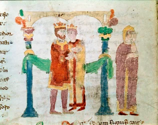 Um casamento em miniatura do manuscrito "De Universo" ou "De rerum naturis" (Da Natureza das Coisas) de Rabanus Maurus Magnentius (ou Raban Maur ou Rabano Mauro, cerca de 780-856). Arquivo da Abadia de Monte Cassino (Monte Cassin)