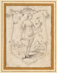 Um escudo rolado com a imagem de uma mulher nua de pé numa paisagem, com um banderole acima, talvez uma alegoria de Orgulho