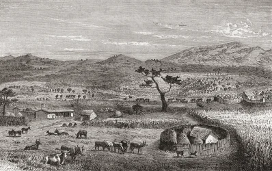 Um assentamento em Kouihara, África Ocidental, ilustração de "O mundo nas mãos", publicado em 1878