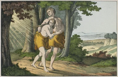 Adão e Eva expulso do paraíso, ilustração de LAncien Testament, publicado por Jakob Ferdinand Schreiber, Esslingen (gravura a cores)