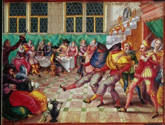 Acrescentar 18991 f.11 Viajantes chegando a uma casa senhorial para apresentar sua performance, do Álbum Amicorum, de Moysés Walens, Colônia