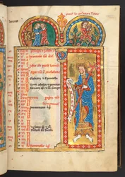 Adicionar. 60629, f.3 de maio, de 12 páginas de calendário em ouro e cores, com molduras arquitetônicas contendo cada um um signo do Zodíaco, um apóstolo e um trabalho do mês (velino)