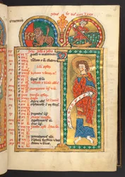 Adicionar. 60629, f.4 Julho. 12 páginas de calendário em ouro e cores, com molduras arquitetônicas cada uma contendo um signo do zodíaco, um apóstolo e um trabalho do mês.  Saltério. Saltério Iluminado com Calendário, Cânticos e Ladainhas para uso das monj