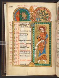 Adicionar. 60629, f.5v Outubro. 12 páginas de calendário em ouro e cores, com molduras arquitetônicas cada uma contendo um signo do zodíaco, um apóstolo e um trabalho do mês.  Saltério. Saltério Iluminado com Calendário, Cânticos e Ladainhas para o uso da 