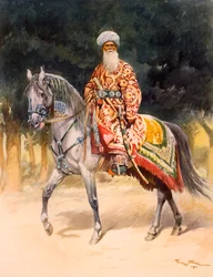 Um guerreiro armado montado em um cavalo turcomano em trajes tradicionais, pub. 1912.