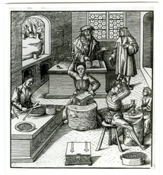 Uma casa da moeda europeia do início do século XVI, de Der Weisskunig (gravura)