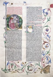 Uma página iluminada representando São Jerônimo em seu estúdio e uma borda incorporando um grifo atacado por três homens, 1470