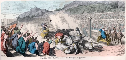 História Antiga. Grécia. Competições desportivas, corrida de bigas na ... (gravura)