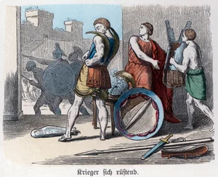 História Antiga. Grécia. Guerreiros gregos a armarem-se para a guerra. ... (gravura)
