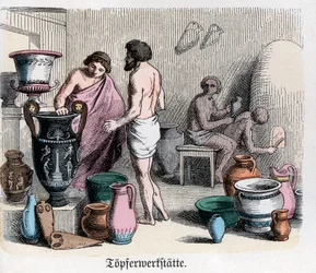 História Antiga. Grécia. Oficina de olaria, fabrico de ânforas. ... (gravura)