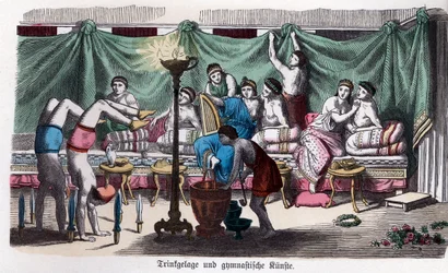 História Antiga. Grécia. Cena de um banquete e de jogos de ginástica. ... (gravura)