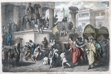 História Antiga. Roma. Cena numa rua romana ... (gravura)