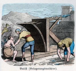 História Antiga. Roma. Máquinas de guerra, besta ... (gravura)