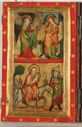 Anunciação e fuga para o Egito, do Clarissinnenaltar", o altar das freiras de Santa Clara em Wroclaw, Polónia (têmpera sobre madeira)