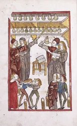 Boticários e poções, com dois meninos brigando em primeiro plano, 1491