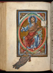 Arundel 156, f.99v, Cristo está entronizado em majestade dentro de uma mandorla, cercado pelos quatro símbolos dos Evangelistas, de 
