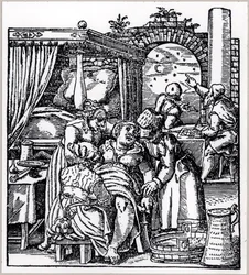 Astrólogos lançando um horóscopo para a criança nascer de uma mulher em uma cadeira de parto, de De Conceptu et Generatione Hominis, de Jacob Rueff, publicada em Frankfurt, 1587