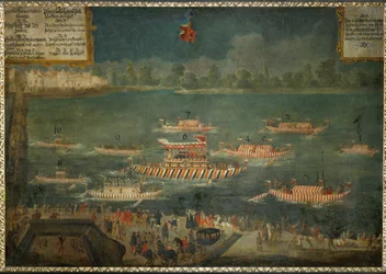 O Barão Kuefstein, embaixador imperial na corte do Sultão, parte para o seu posto de barco pelo rio Danúbio ...