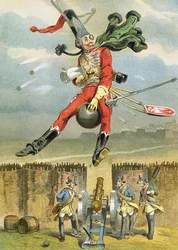 O barão de Münchhausen voando sobre as linhas inimigas numa bala de canhão, ilustração de uma edição alemã de As Aventuras do Barão de Münchhausen