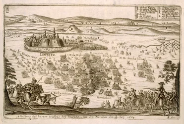 Batalha perto da cidade de Levice em 1664, ilustração de um livro sobre as campanhas otomanas na Europa, gravada por Paul Furst (c.1605-66)