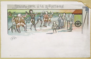 Idílio de praia em estilo de Röntgen, desenhos animados sobre raios-x, c.1896-99 (gravura de cor)