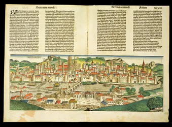 Visão de olho de pássaros de Ratisbona, da Crônica de Nuremberg por Hartmann Schedel (1440-1514) 1493