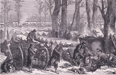 Bivouac das tropas do General Du Croy na floresta de Vincennes, Cassells História da Guerra entre a França e a Alemanha publicado por Cassell and Company Limited, c.1890 (litho)