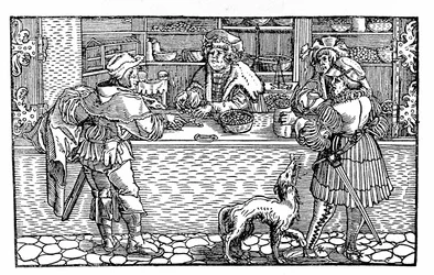 Bureau de change et barter. Xilogravura alemã do século XVI