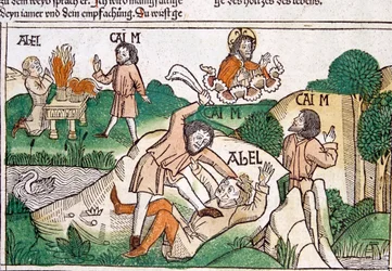 Caim e Abel, cena da Bíblia de Nuremberga escrita em alemão (impressão)