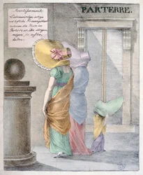 Desenhos animados ridicularizando a moda para as senhoras usarem chapéus enormes, por volta de 1820