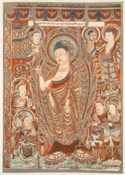 Pintura rupestre mostrando a adoração do Buda Simha, pub. C1913.