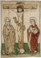 Cristo na cruz com Maria e São João, c.1470-80 (xilogravura colorida à mão em pergaminho)