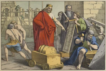 Construção do Templo de Jerusalém, ilustração de LAncien Testament, publicado por Jakob Ferdinand Schreiber, Esslingen (gravura a cores)