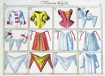 Espartilhos e roupas íntimas, de uma série de roupas femininas (caneta e tinta e wc no papel)