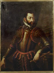 Conde Adolf Schwarzenberg que reconquistou a fortaleza de Gyoer, na Hungria, aos turcos em 1594 ...