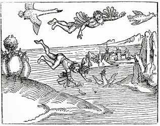 Daedalus, fugindo de Creta com seu filho, Ícaro, o vê caindo para a morte, 1493 (gravura em xilogravura)